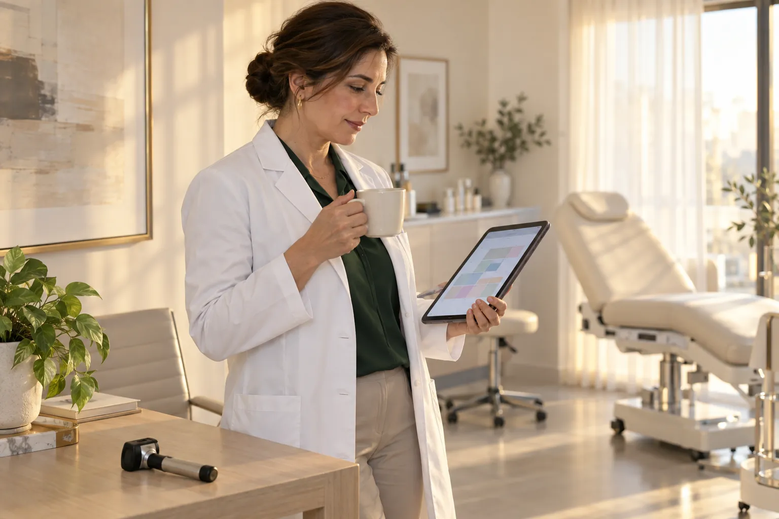 Una médica con una taza de café revisa en una tableta las citas y los mensajes que llegaron durante la noche, en su consultorio por la mañana