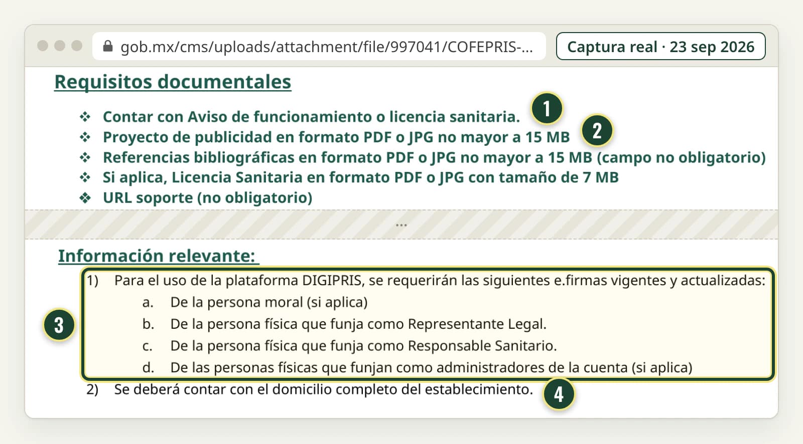 Requisitos de la ficha oficial COFEPRIS-02-002-A: aviso de funcionamiento o licencia sanitaria, proyecto de publicidad en PDF o JPG de hasta 15 MB, e.firmas vigentes y domicilio completo del establecimiento.