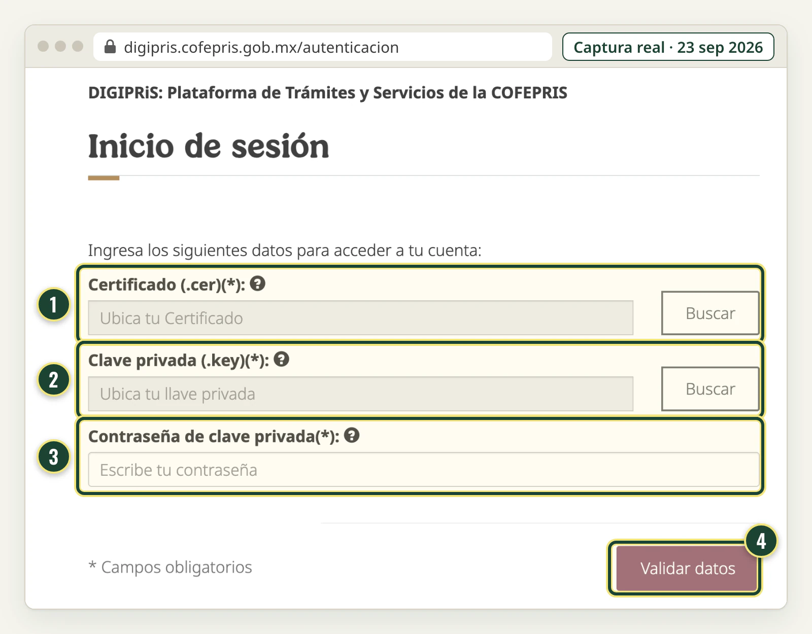 Pantalla Inicio de sesión de DIGIPRiS con los campos Certificado (.cer), Clave privada (.key), Contraseña de clave privada y el botón Validar datos.
