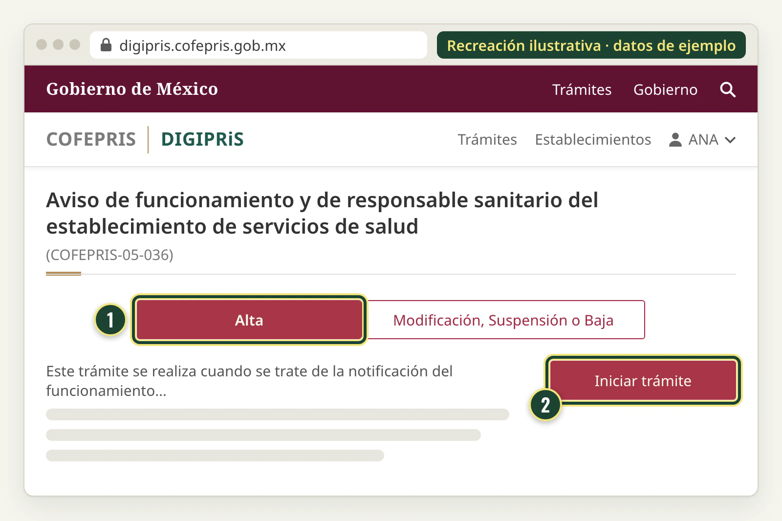 Recreación de la pantalla del trámite COFEPRIS-05-036, Aviso de funcionamiento y de responsable sanitario del establecimiento de servicios de salud, con la opción Alta y el botón Iniciar trámite.