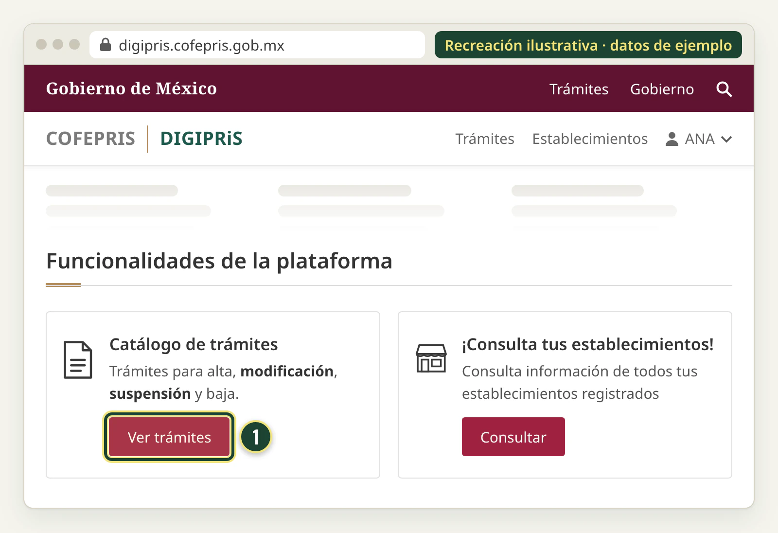 Recreación de la sección Funcionalidades de la plataforma en DIGIPRiS, con las tarjetas Catálogo de trámites (botón Ver trámites) y ¡Consulta tus establecimientos! (botón Consultar).