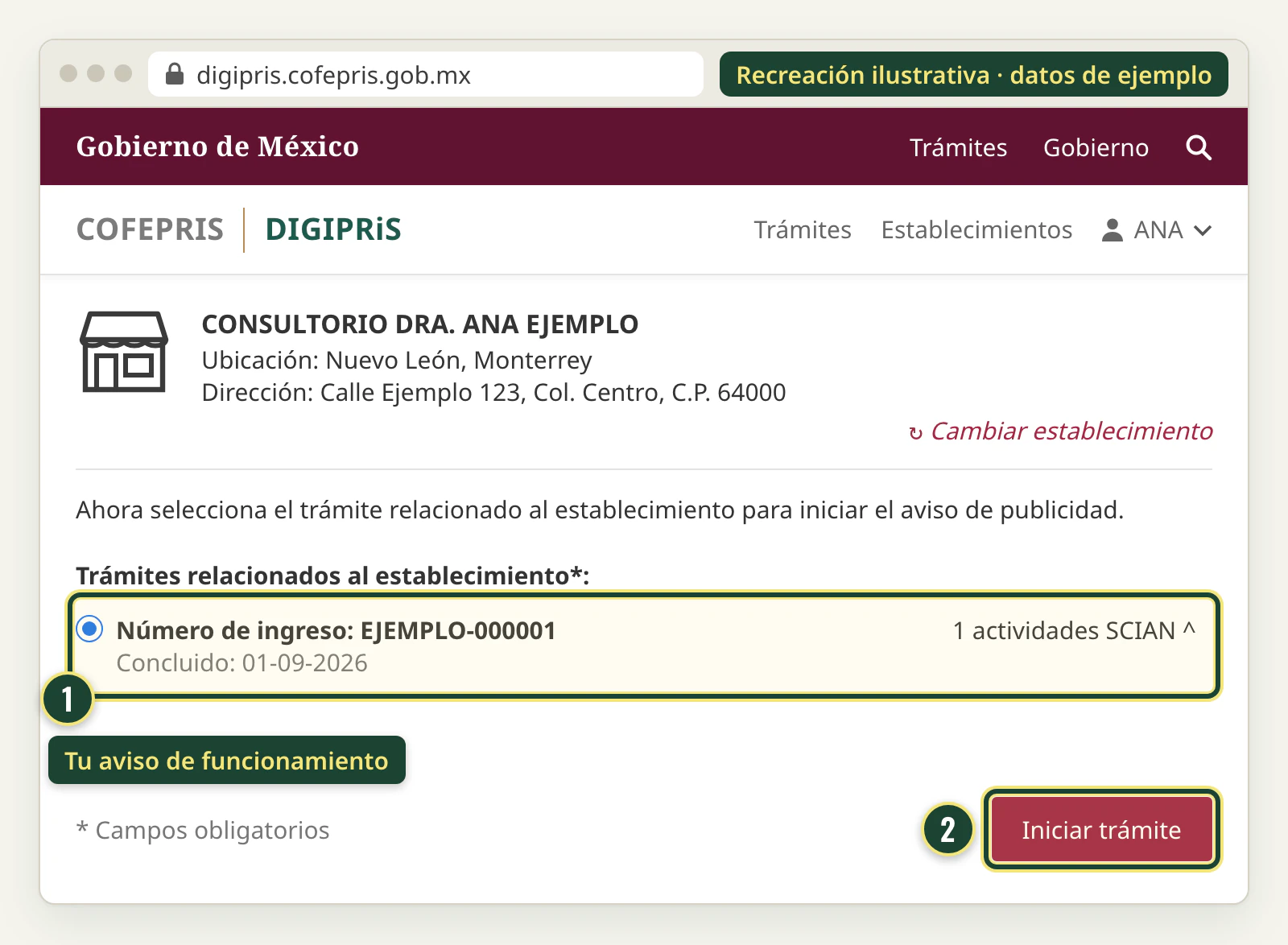Recreación de la pantalla donde DIGIPRiS muestra el consultorio seleccionado y pide elegir el trámite relacionado al establecimiento por su número de ingreso antes de pulsar Iniciar trámite.