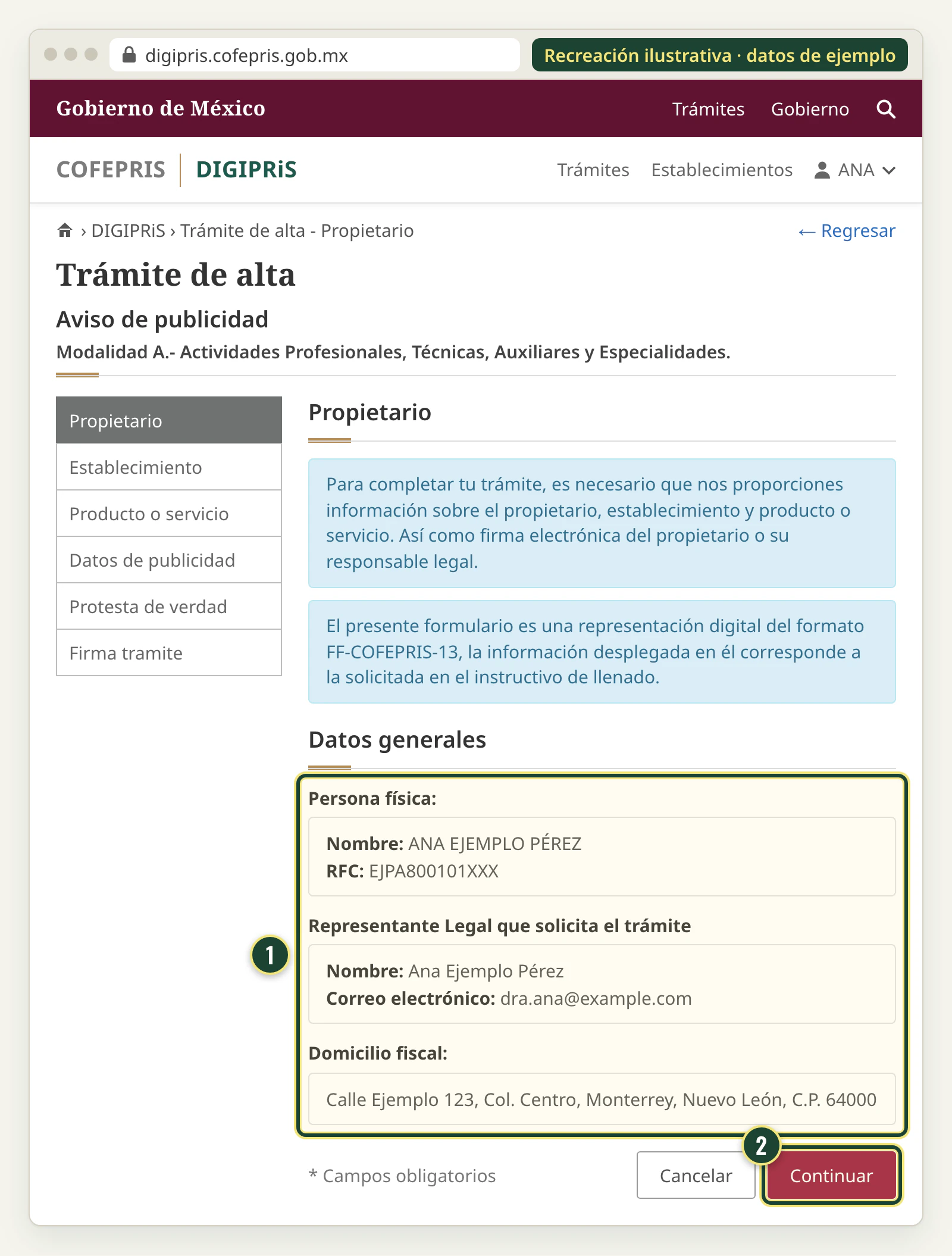 Recreación de la sección Propietario del trámite de alta del aviso de publicidad, modalidad A, con los datos generales del médico, el representante legal y el domicilio fiscal, y el botón Continuar.