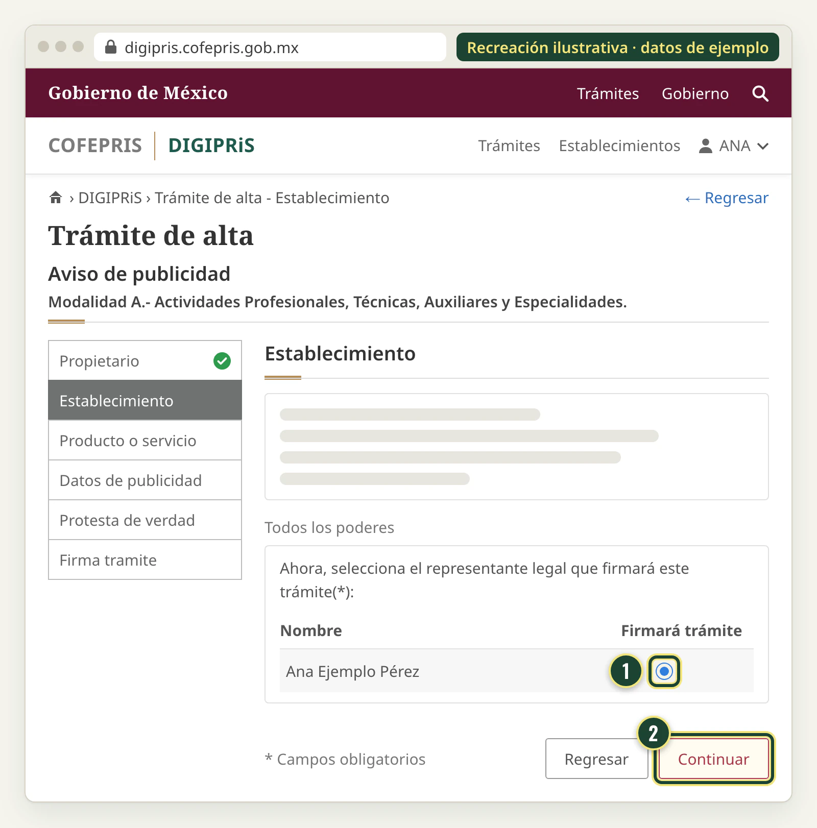 Recreación de la sección Establecimiento del aviso de publicidad: al final se selecciona el representante legal que firmará el trámite.