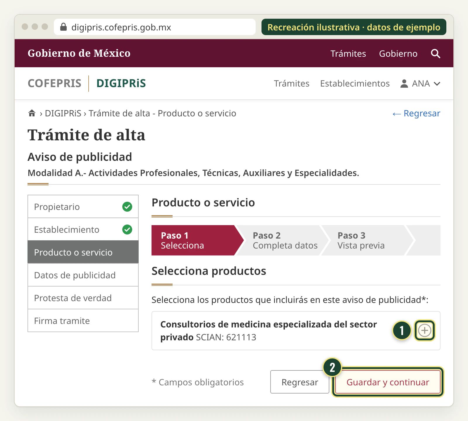 Recreación de la sección Producto o servicio, paso 1 Selecciona: se agrega con el signo más la actividad SCIAN del consultorio que se va a anunciar.