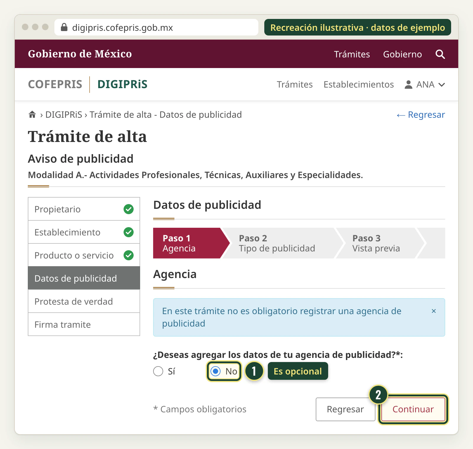 Recreación del paso Agencia en Datos de publicidad: DIGIPRiS indica que no es obligatorio registrar una agencia de publicidad y se responde No.