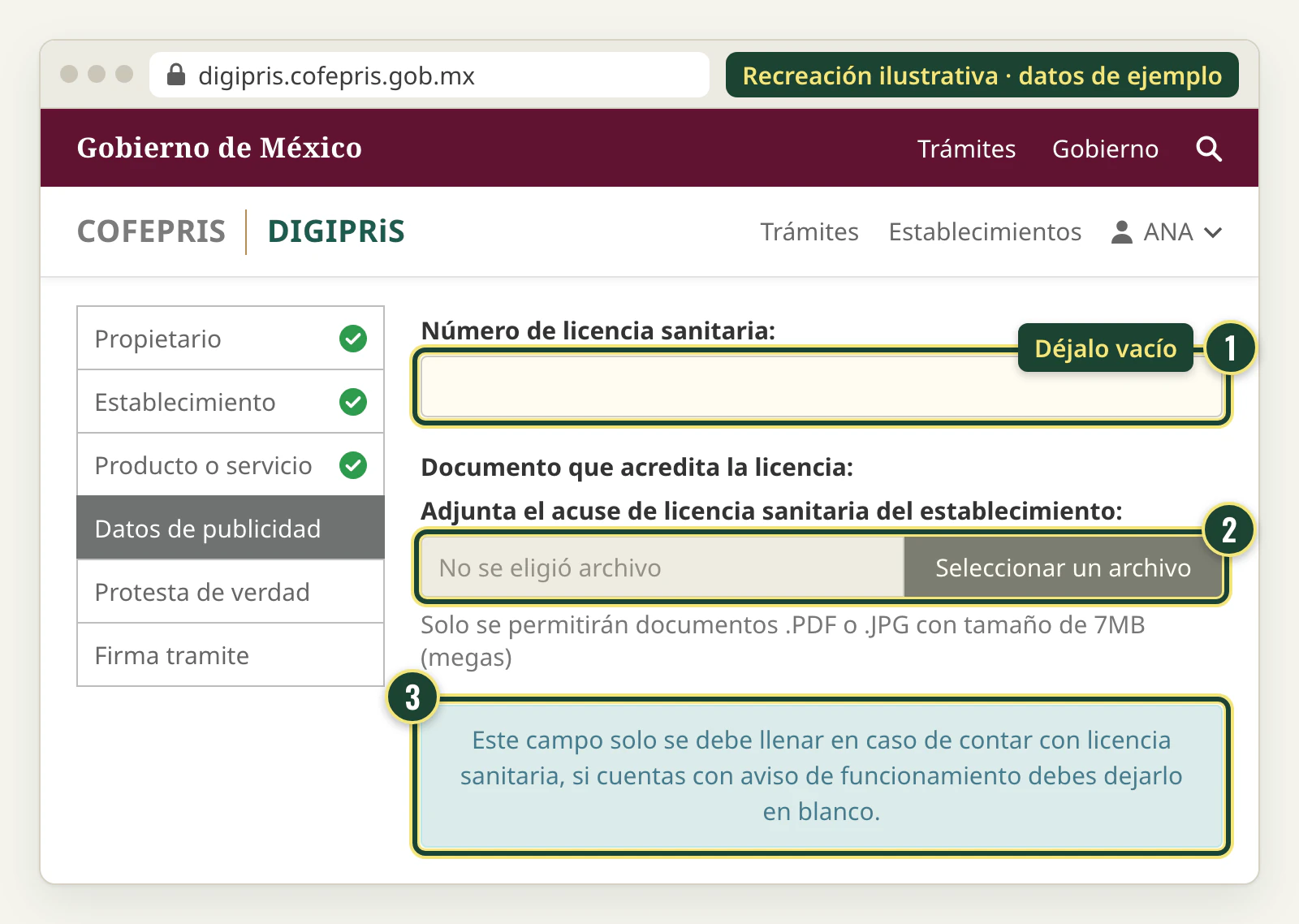 Recreación del bloque de licencia sanitaria en el aviso de publicidad: con aviso de funcionamiento, el número de licencia y el archivo se dejan en blanco.