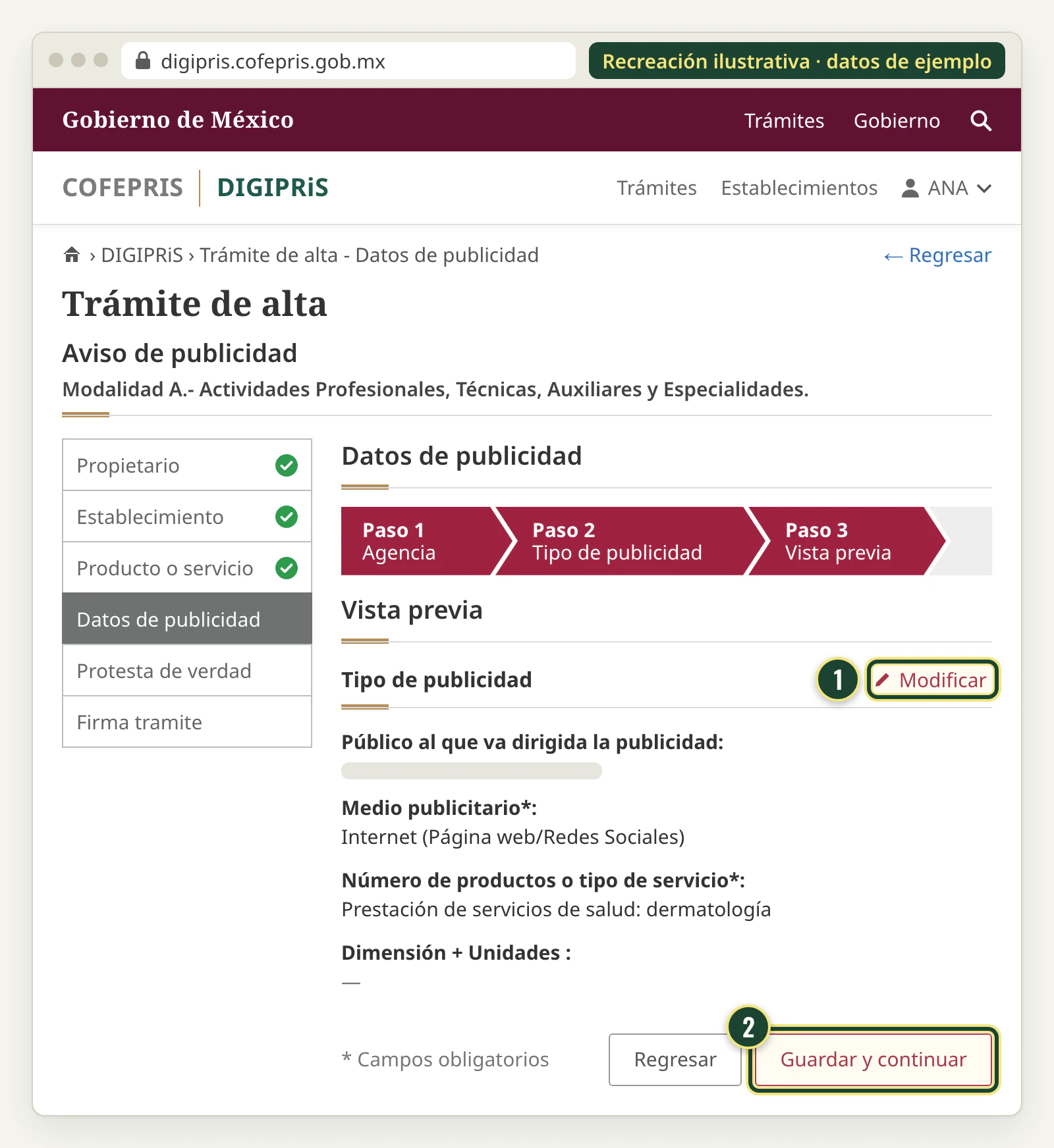 Recreación de la vista previa de Datos de publicidad con el enlace Modificar y el botón Guardar y continuar.