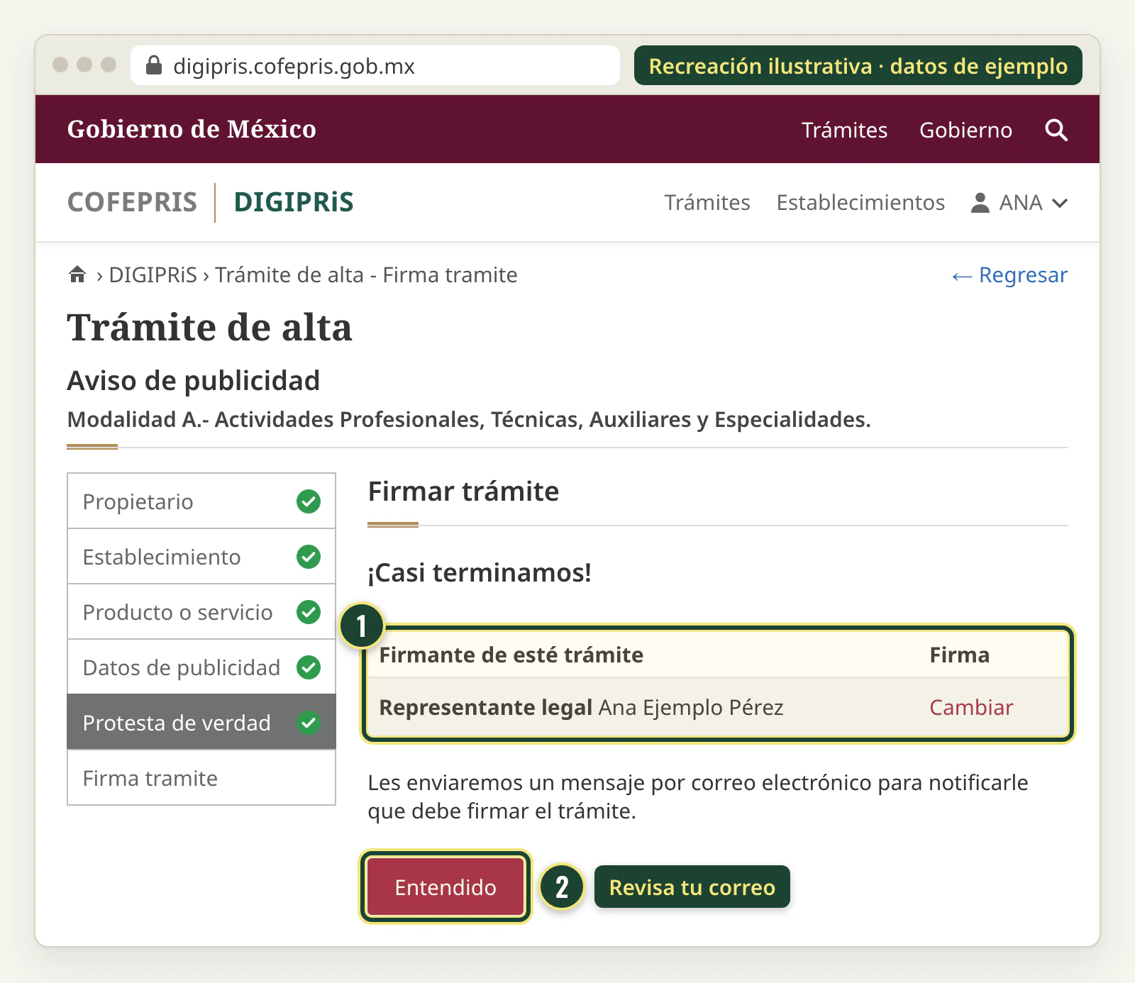 Recreación de la pantalla Firmar trámite: ¡Casi terminamos!, el representante legal que firmará y el botón Entendido.