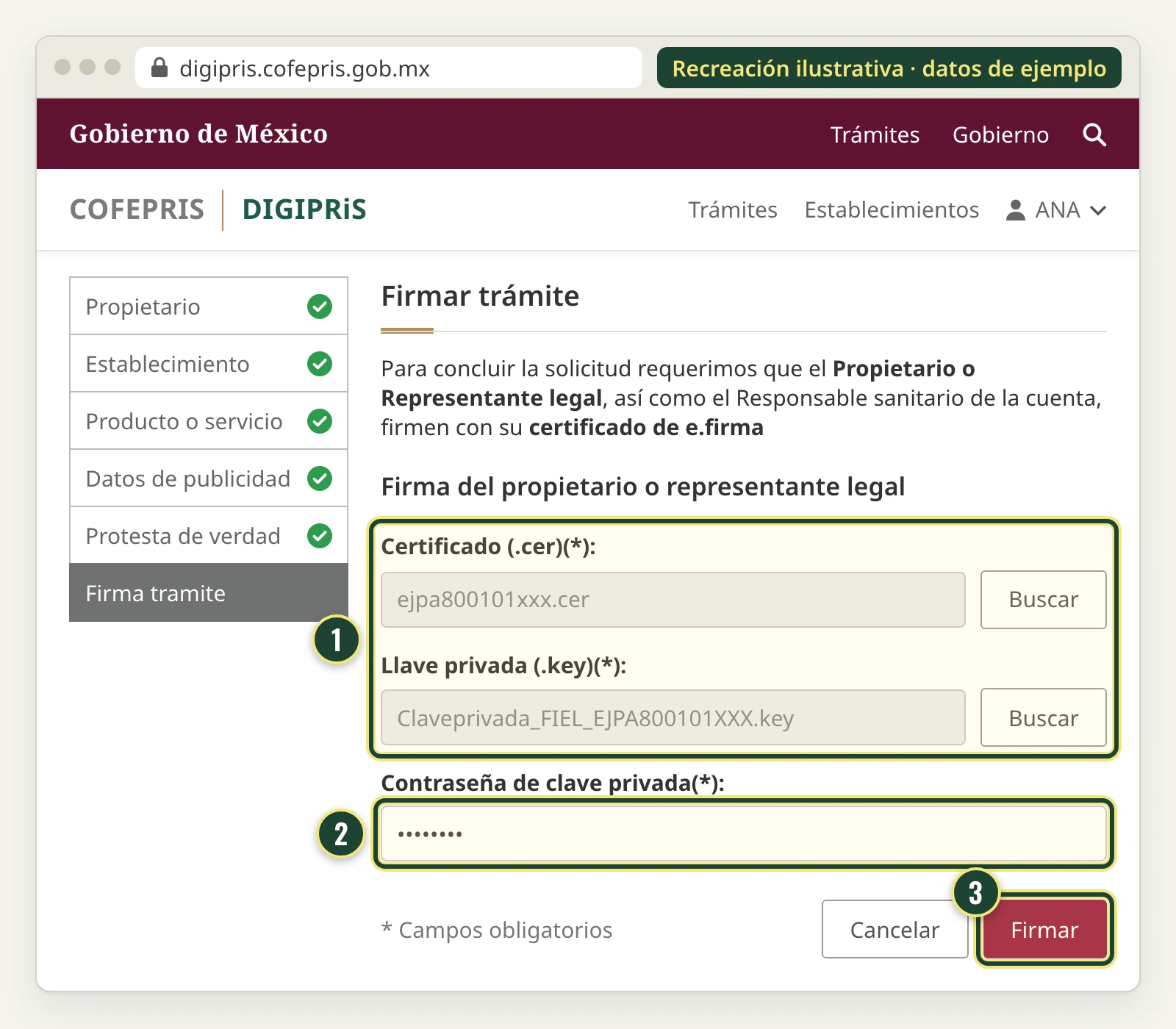 Recreación de la pantalla de firma en DIGIPRiS: se cargan el certificado .cer, la llave privada .key y la contraseña de la e.firma y se pulsa Firmar.