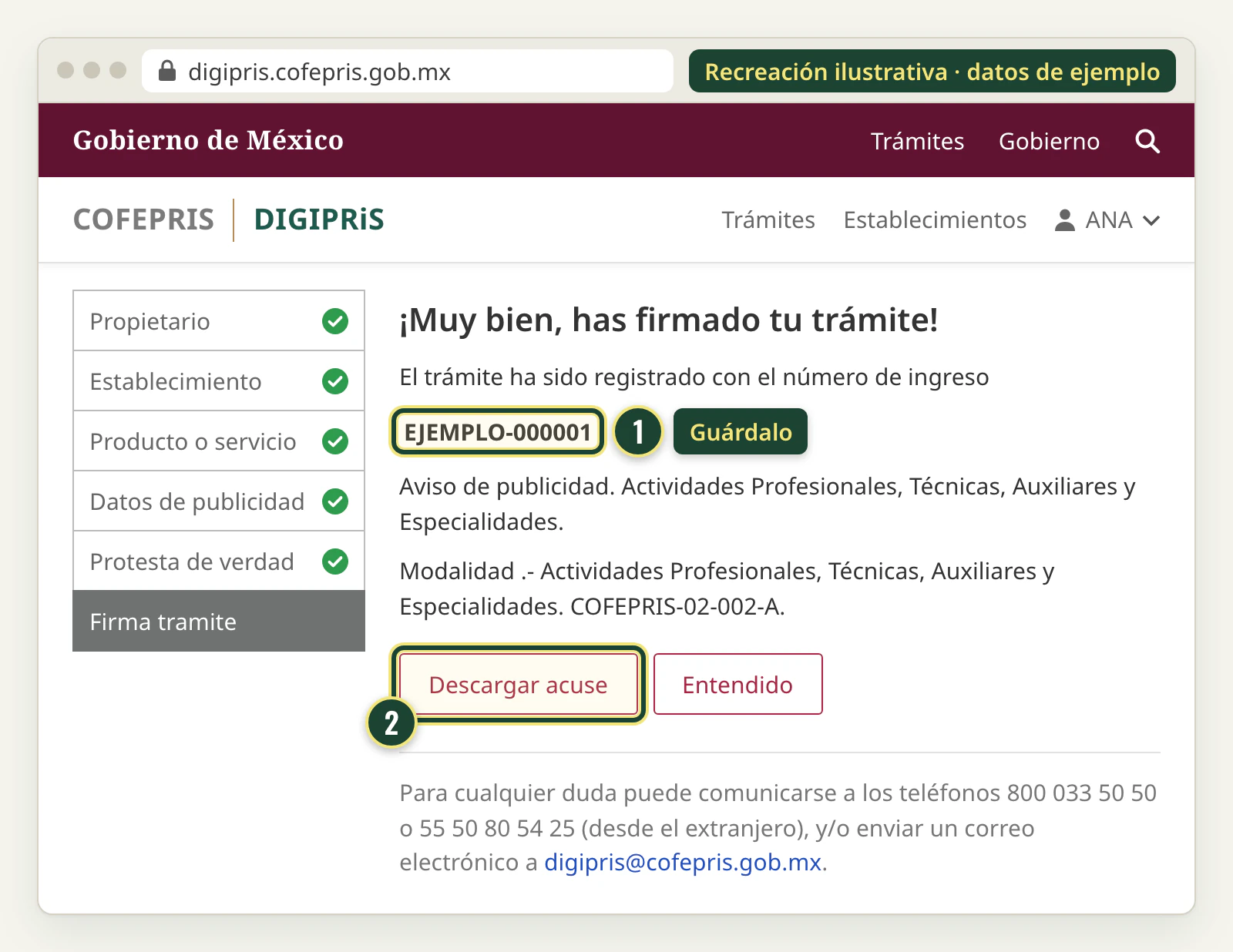 Recreación de la confirmación ¡Muy bien, has firmado tu trámite! con el número de ingreso del aviso de publicidad y el botón Descargar acuse.