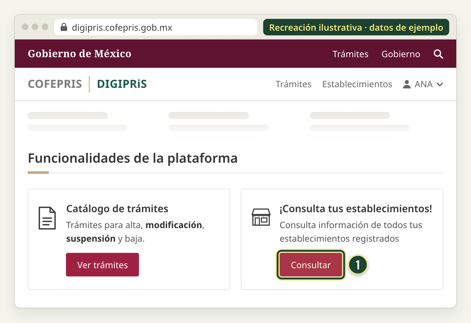 Recreación de la tarjeta ¡Consulta tus establecimientos! en DIGIPRiS, con el botón Consultar para volver a descargar un acuse.