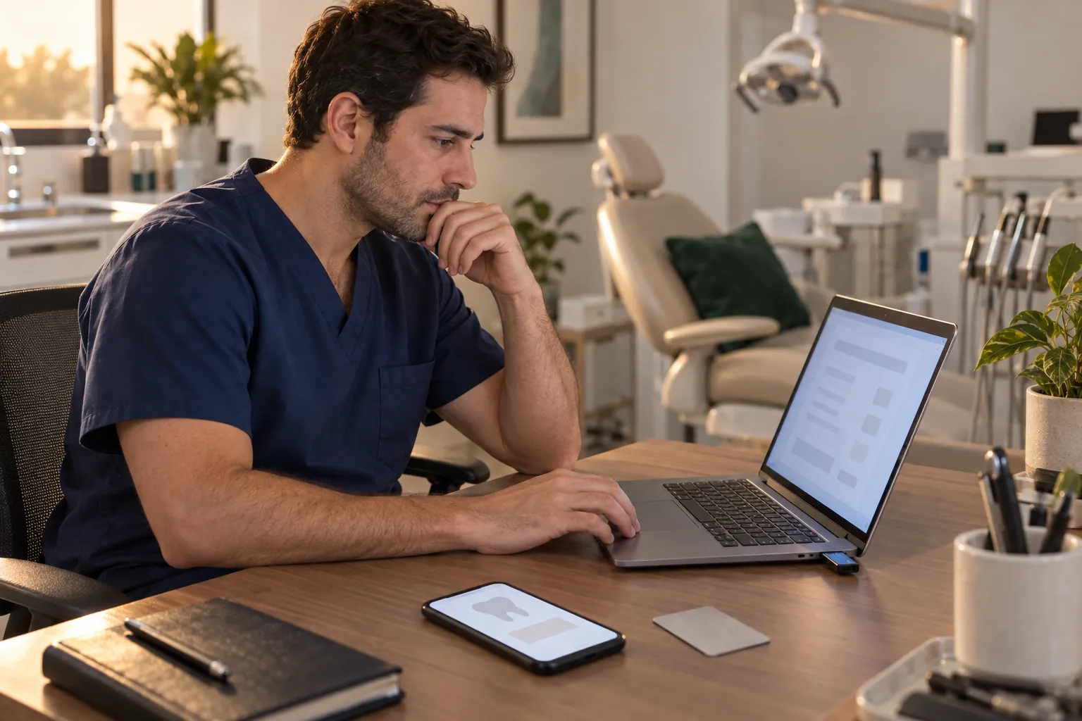 Un dentista con uniforme azul marino llena un formulario en su laptop con una memoria USB conectada, junto a su celular con un borrador de anuncio, en su consultorio al final del día
