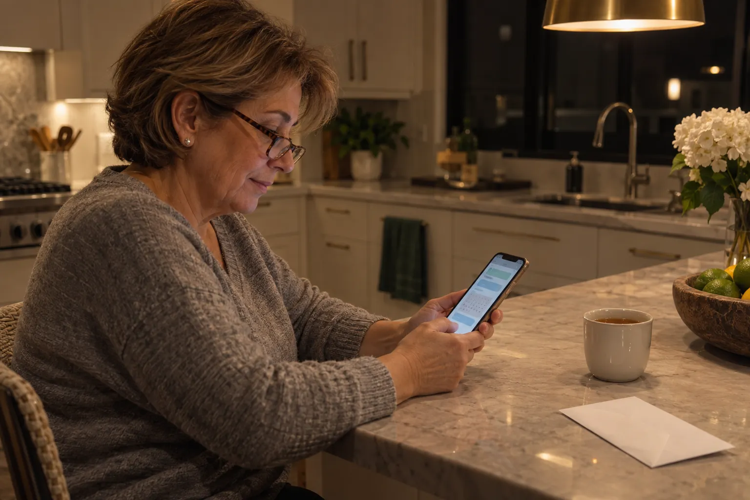Una mujer de unos 60 años escribe en su celular de noche, sentada en la barra de la cocina de su casa
