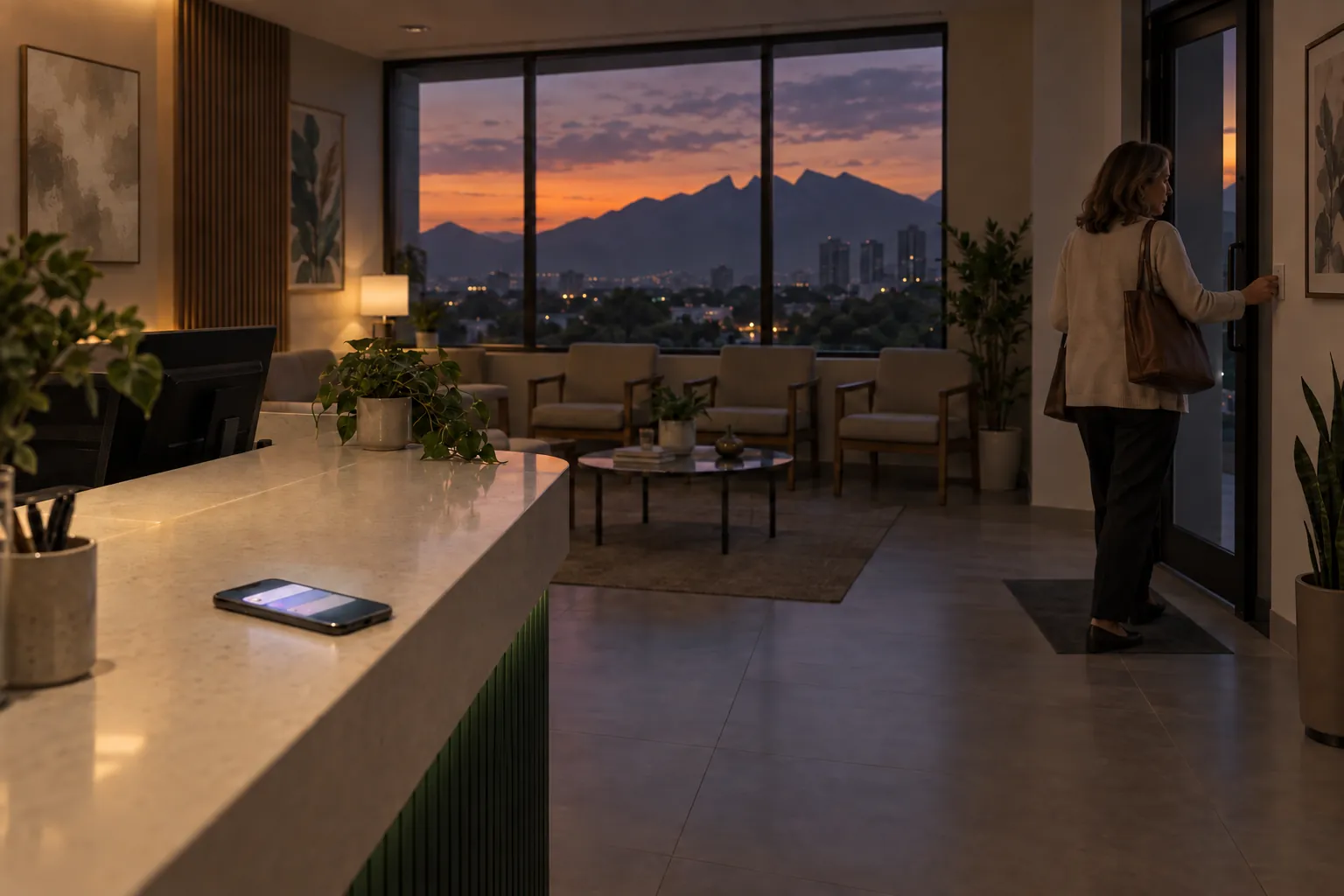La recepcionista de una clínica sale al atardecer mientras un celular sigue encendido sobre el mostrador de la recepción vacía