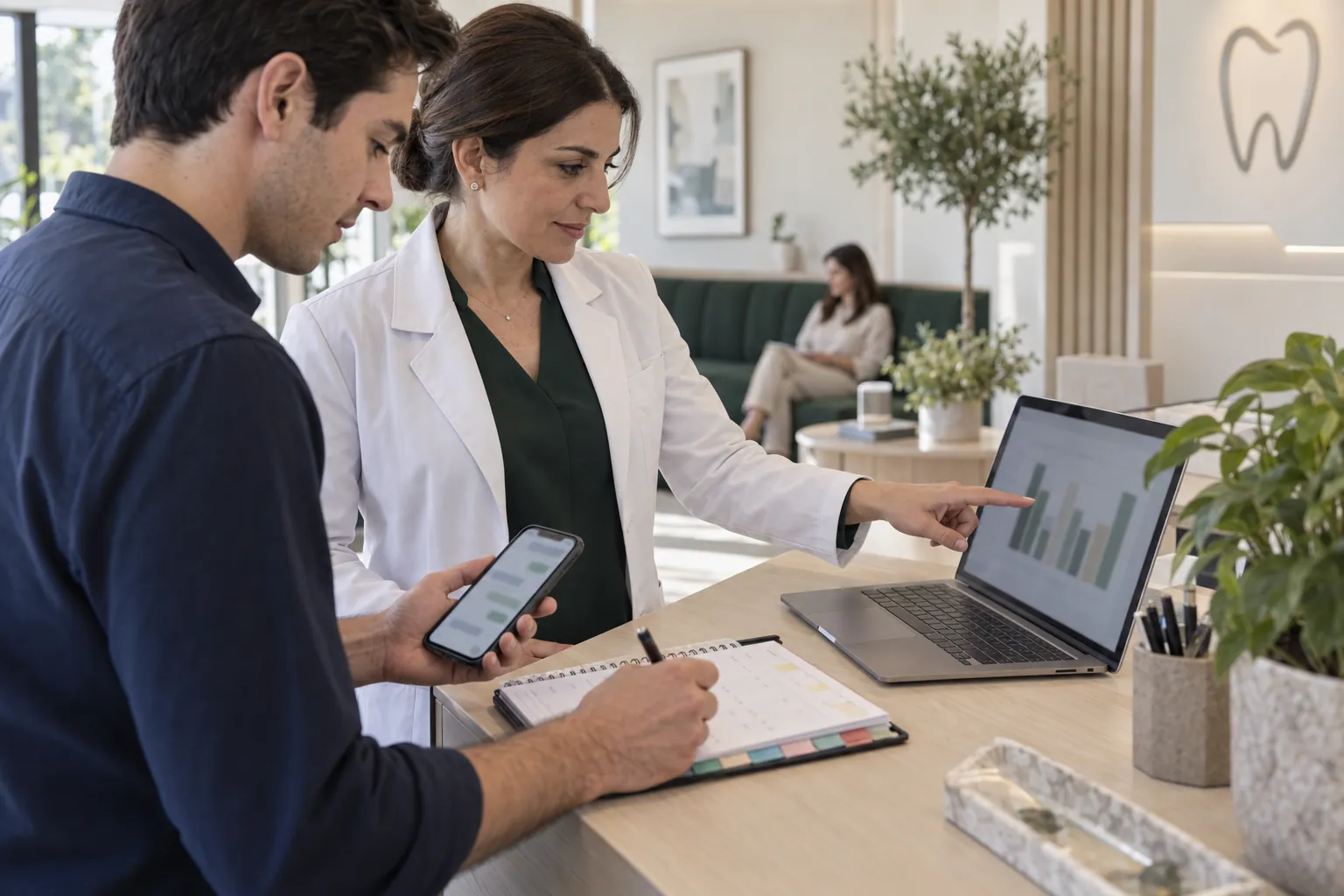La dueña de una clínica dental señala una gráfica de barras en su laptop mientras un colaborador revisa su celular y toma notas