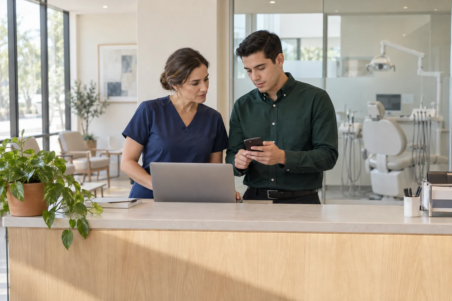 Una dentista y su recepcionista revisan una laptop y un celular en la recepción de una clínica dental