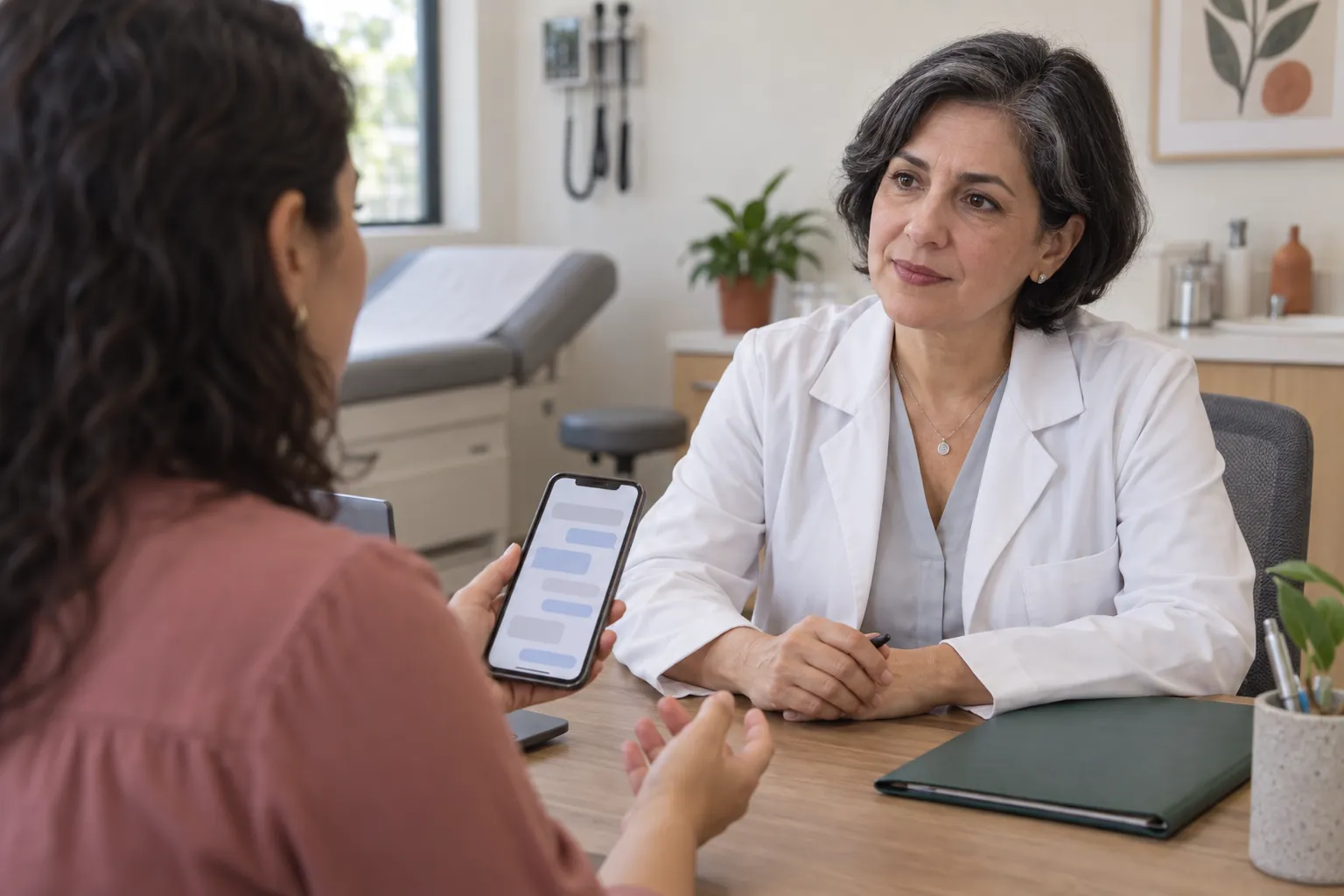 Una paciente le muestra en su celular una respuesta de chat a su médica internista durante la consulta, en un consultorio luminoso