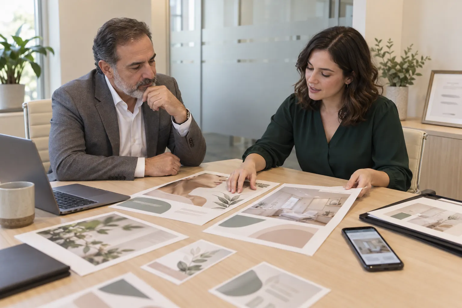 El director médico de una clínica y su coordinadora de marketing comparan versiones impresas de un anuncio sobre una mesa de juntas, junto a una carpeta con documentos
