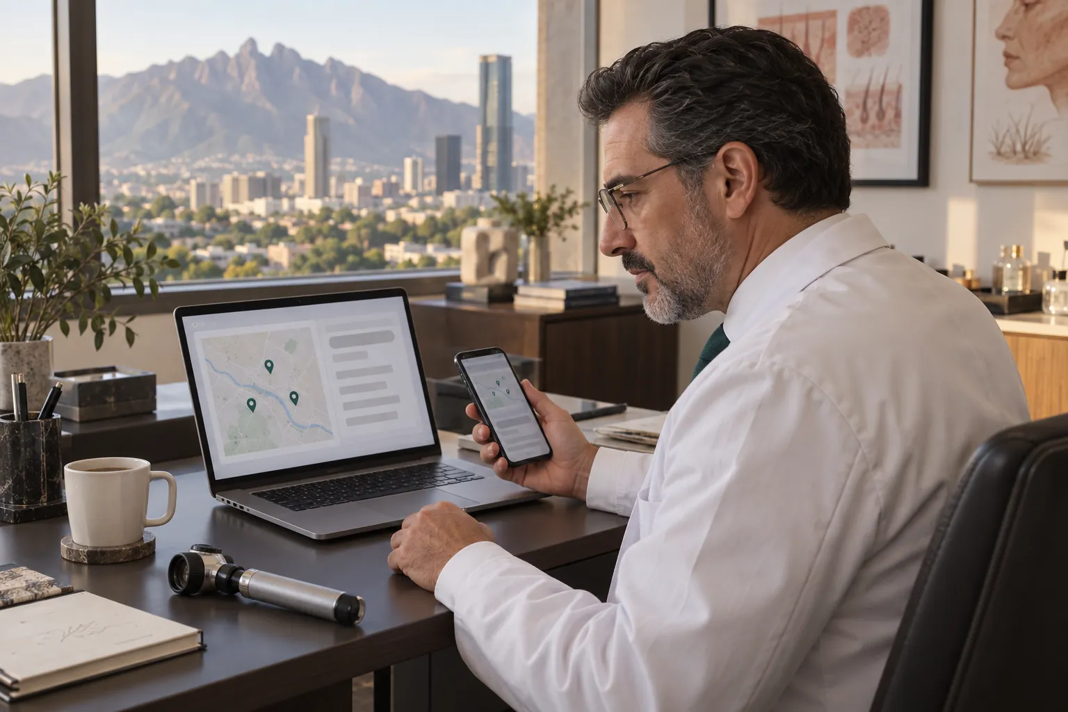 Un médico revisa en su laptop un mapa con marcadores y lo compara con su celular, en un consultorio con vista a la ciudad y la Sierra Madre