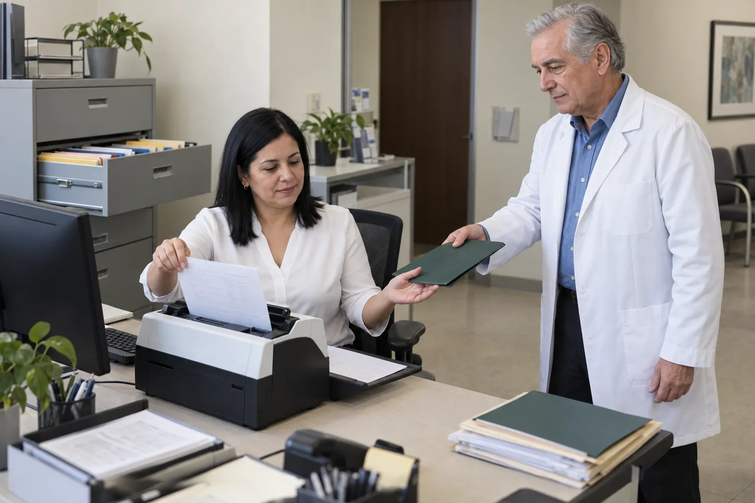 Una recepcionista pasa hojas de un expediente de papel por un escáner mientras un médico le entrega una carpeta, en el área de archivo de un consultorio