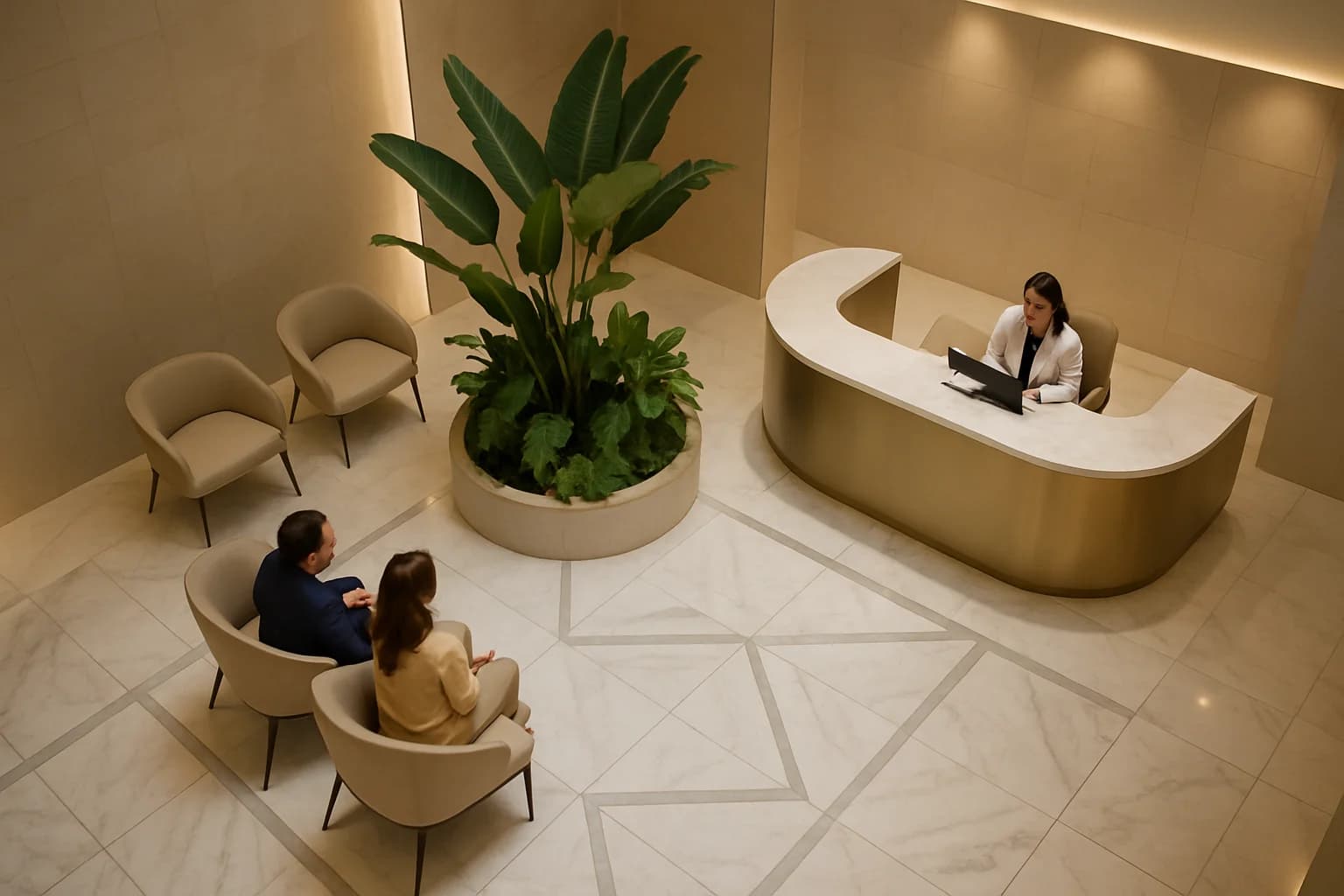 Escena ilustrativa del interior de un consultorio médico con escritorio y área de atención.