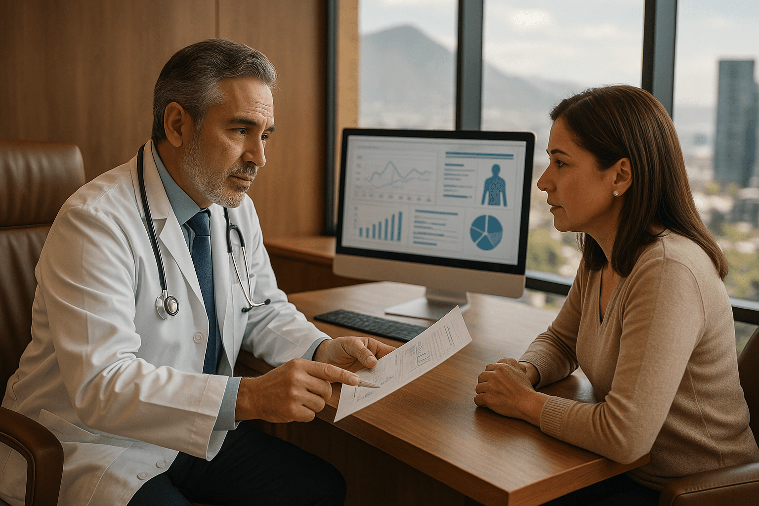 Escena ilustrativa de un médico explicando un plan a una paciente en su consultorio.
