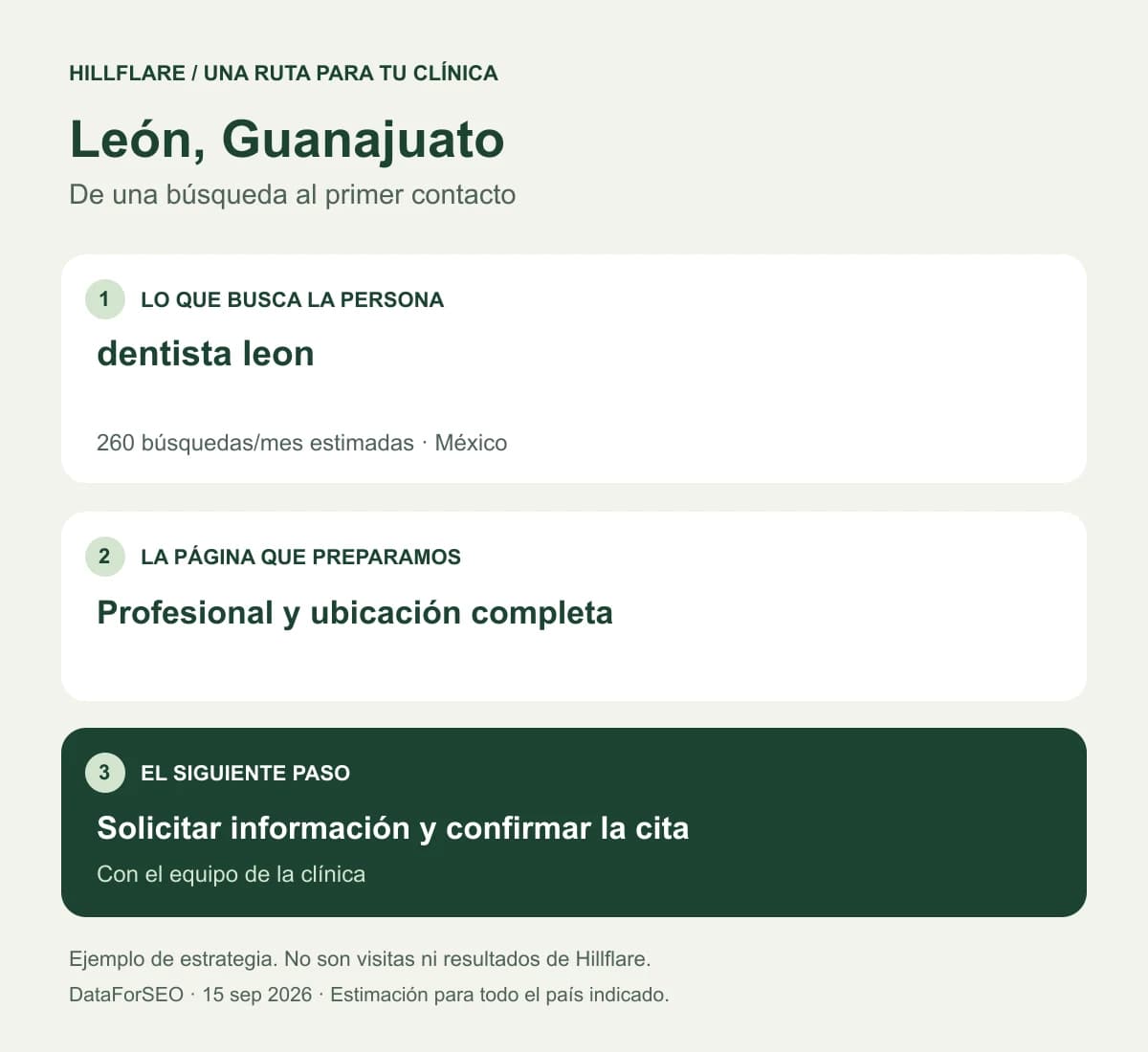Ejemplo para León, Guanajuato: una búsqueda de paciente, la página del servicio y la solicitud de cita.
