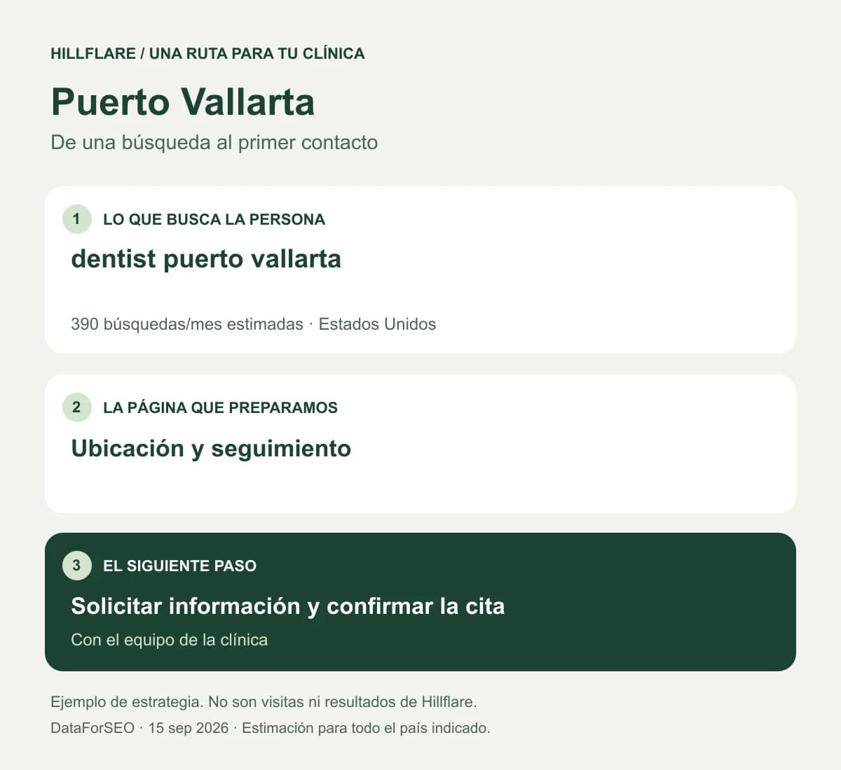 Ejemplo para Puerto Vallarta: una búsqueda de paciente, la página del servicio y la solicitud de cita.