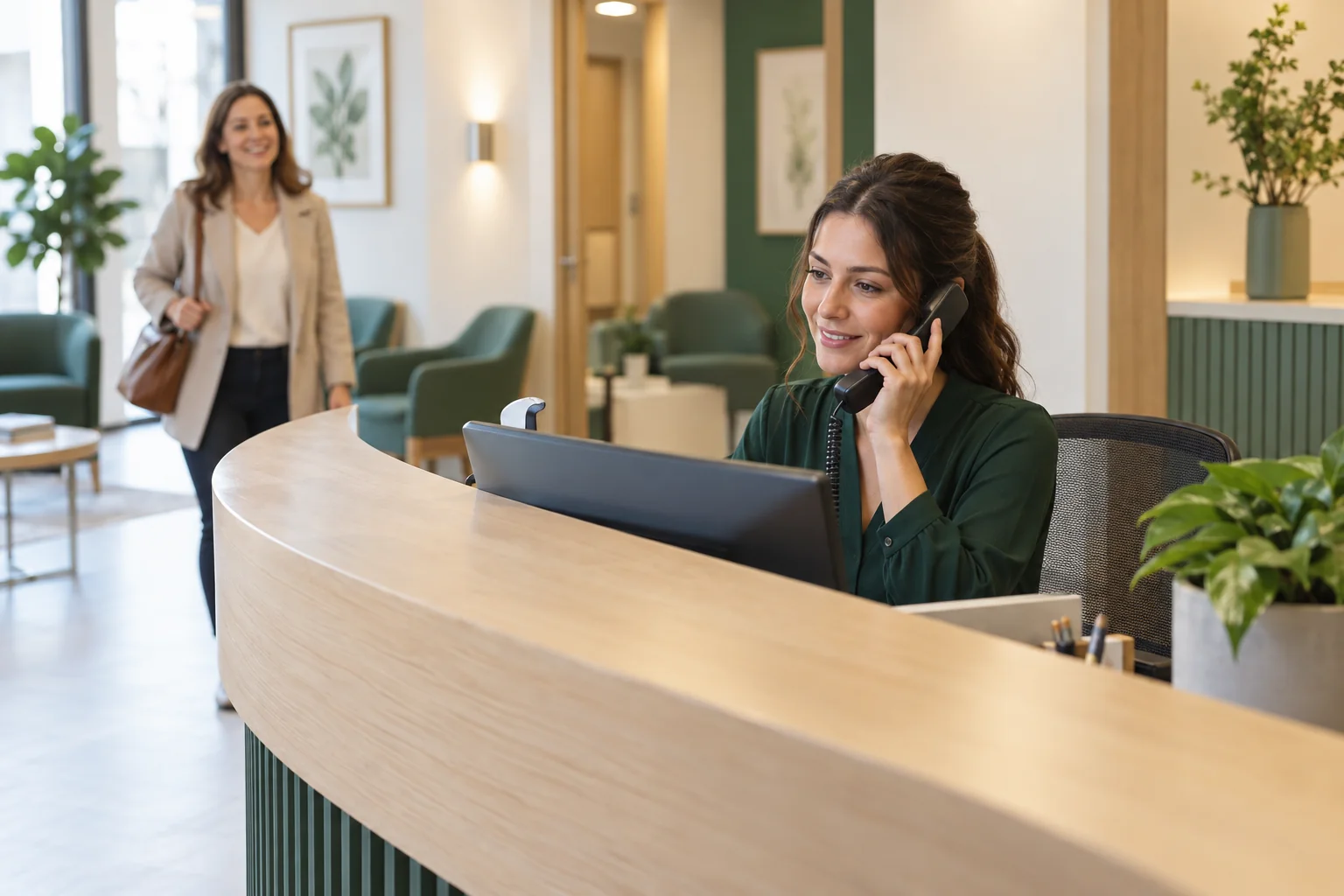 Escena ilustrativa de una recepcionista atendiendo una llamada mientras una visitante llega a la clínica.